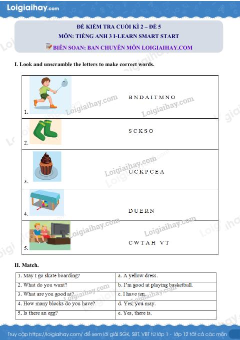 Đề thi học kì 2 Tiếng Anh 3 iLearn Smart Start - Đề số 5